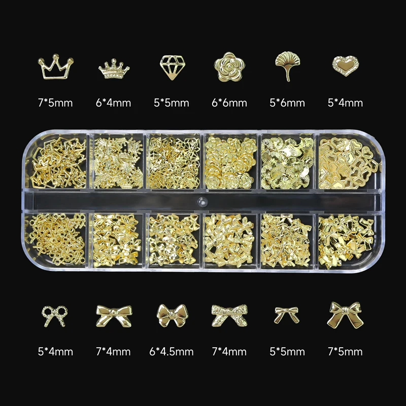 12-teiliges 3D-Nagelkunst-Set mit Metallanhängern aus Legierung: Krone, Schlüssel, Herz, Schleife (Gold & Silber), Nagelschmuck, 4–7 mm_voghion.com