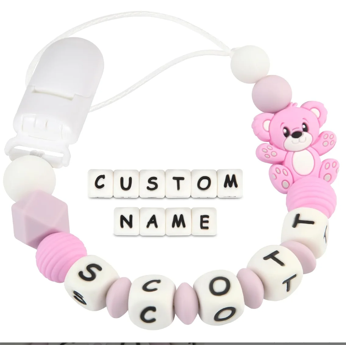 Custom Name Baby Pacifier Chain Clip with Bear Charm