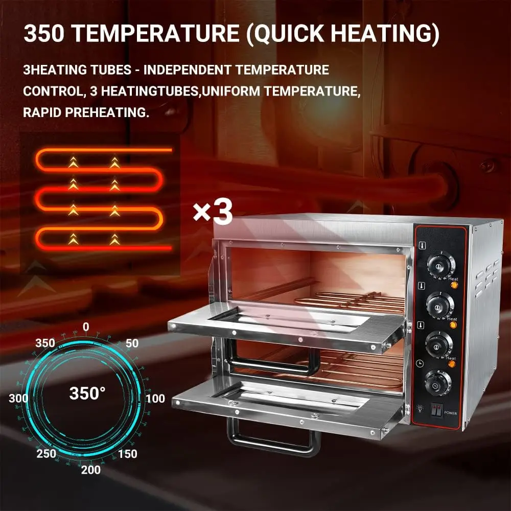 Commercial Pizza Oven Double Oven 1700W 16 inch Stainless Steel Pizza Electric Countertop Pizza and Snack Oven Multipurpose 6