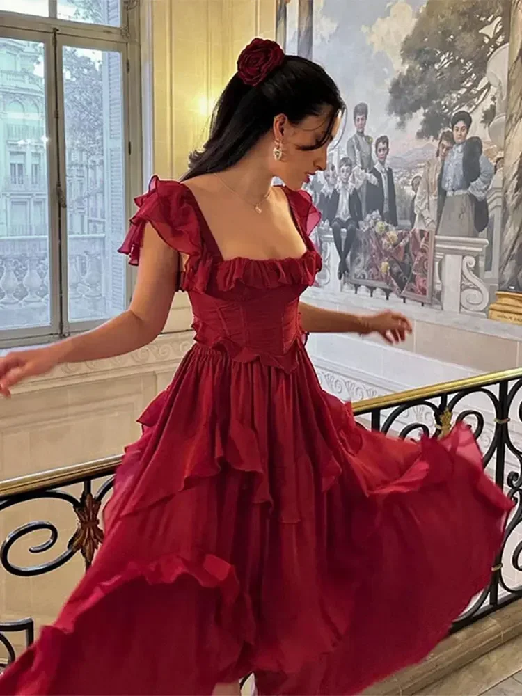 thumbnail image 1 of Vestido largo elegante con escote cuadrado, sin mangas, con volantes y capas rojas para mujer, vestidos de fiesta de noche para mujer 2024, 1 of 5