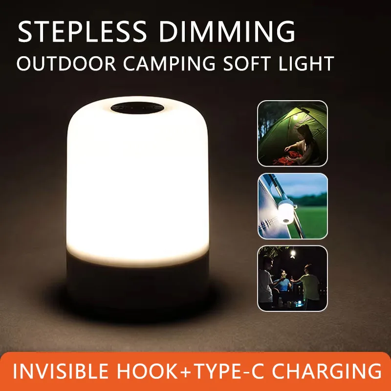 Touch LED Night Light Type-c Charging 3000K-5000K Warm White Light Invisible Hook Tent Infinite Dimming Camping