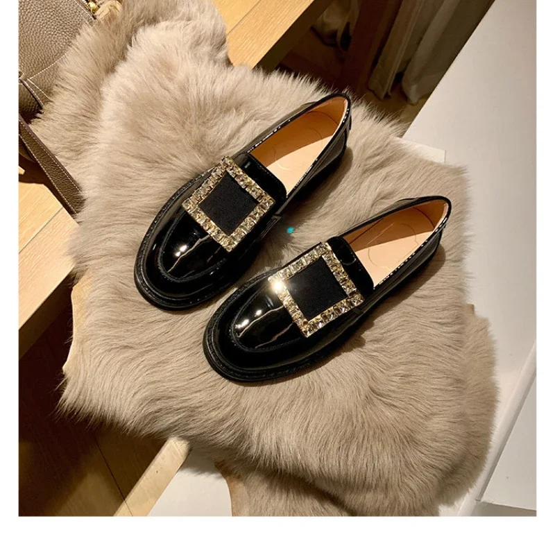 

European and American women's new rhinestone square buckle British Tai Le Fu single shoe