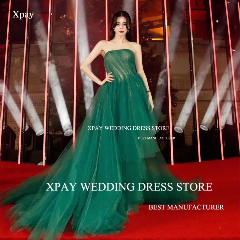 

XPAY Strapless Green A Line Evening Dresses 2024 Tiered Tulle Pleats Prom Party Gown Sleeveless Backless Formal Occasion Dress