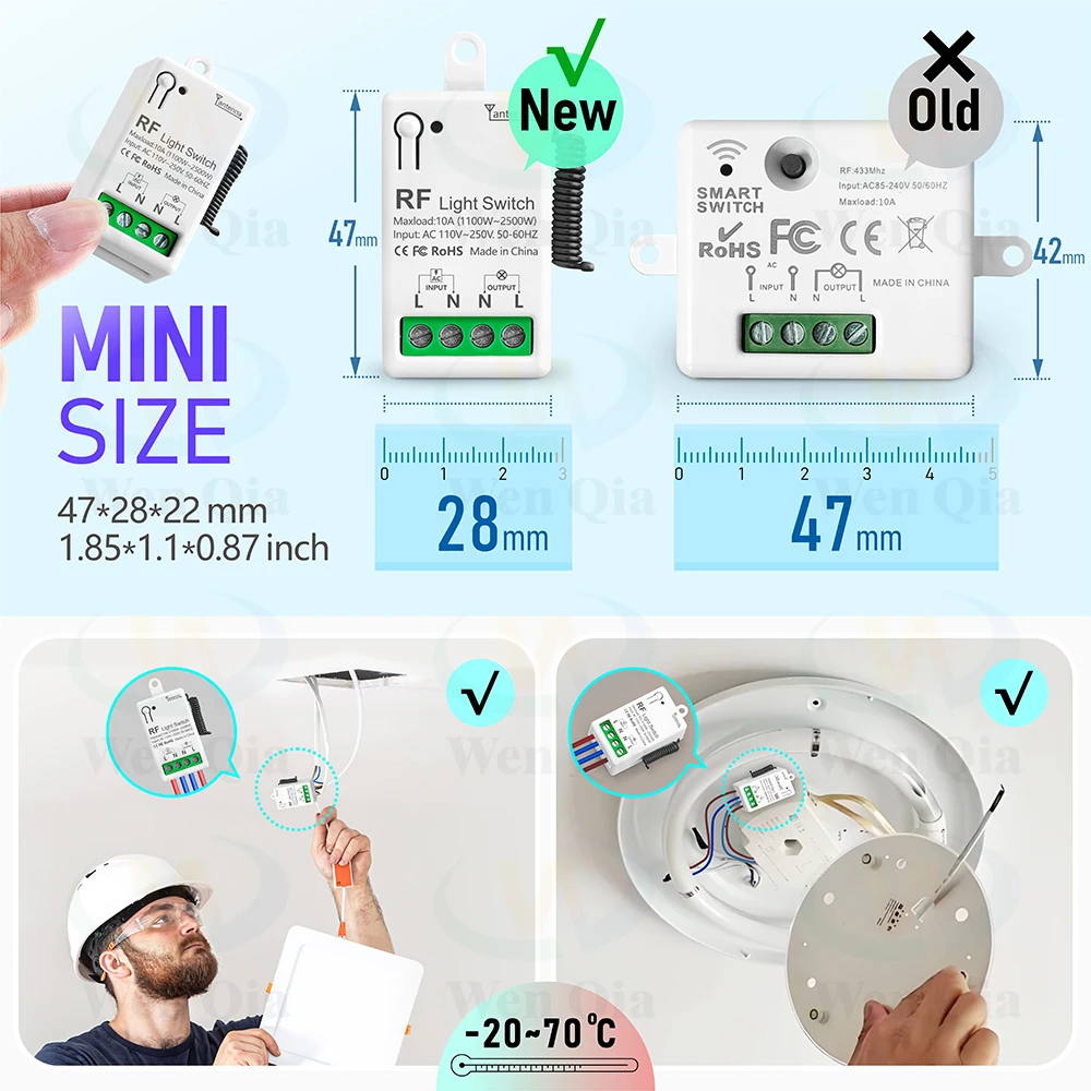 Advanced Wireless Remote Control Light Switch with Mini RF Receiver - Long-Range, High-Power Interrupter for LED and Bulb Lighting