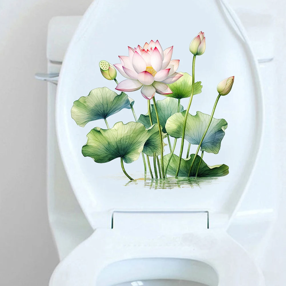 Bathroom Toilet Sticker Summer Lotus Leaves Flowers Self Adhesive Decals Waterproof Wall Sticker Home Decor For Bathroom Bedroom