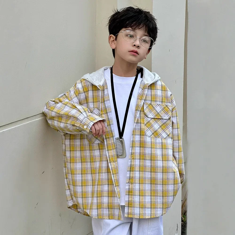 Boys Plaid Shirt with Hood Color Block Stylish Top Korean Version Cross Cultural Children's Clothing from Mainland China