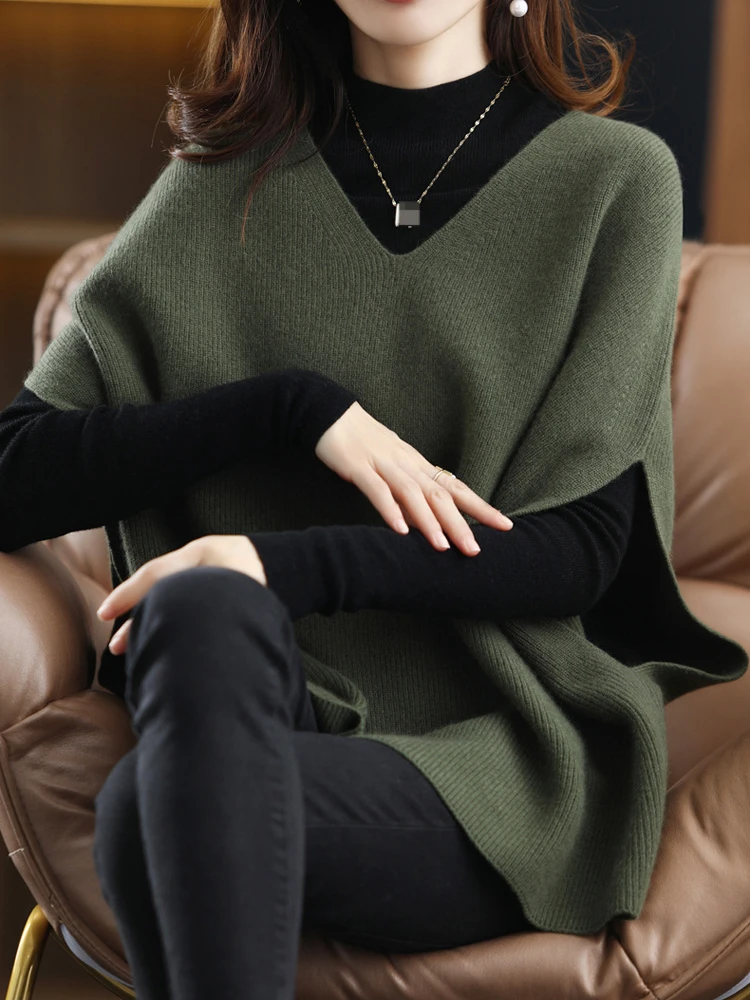 

Fashion Women Sweaters 2023 Autumn Winter Solid V-neck Knitted Vest Loose Casual Sleeveless Pullover New Tops for Women Clothing