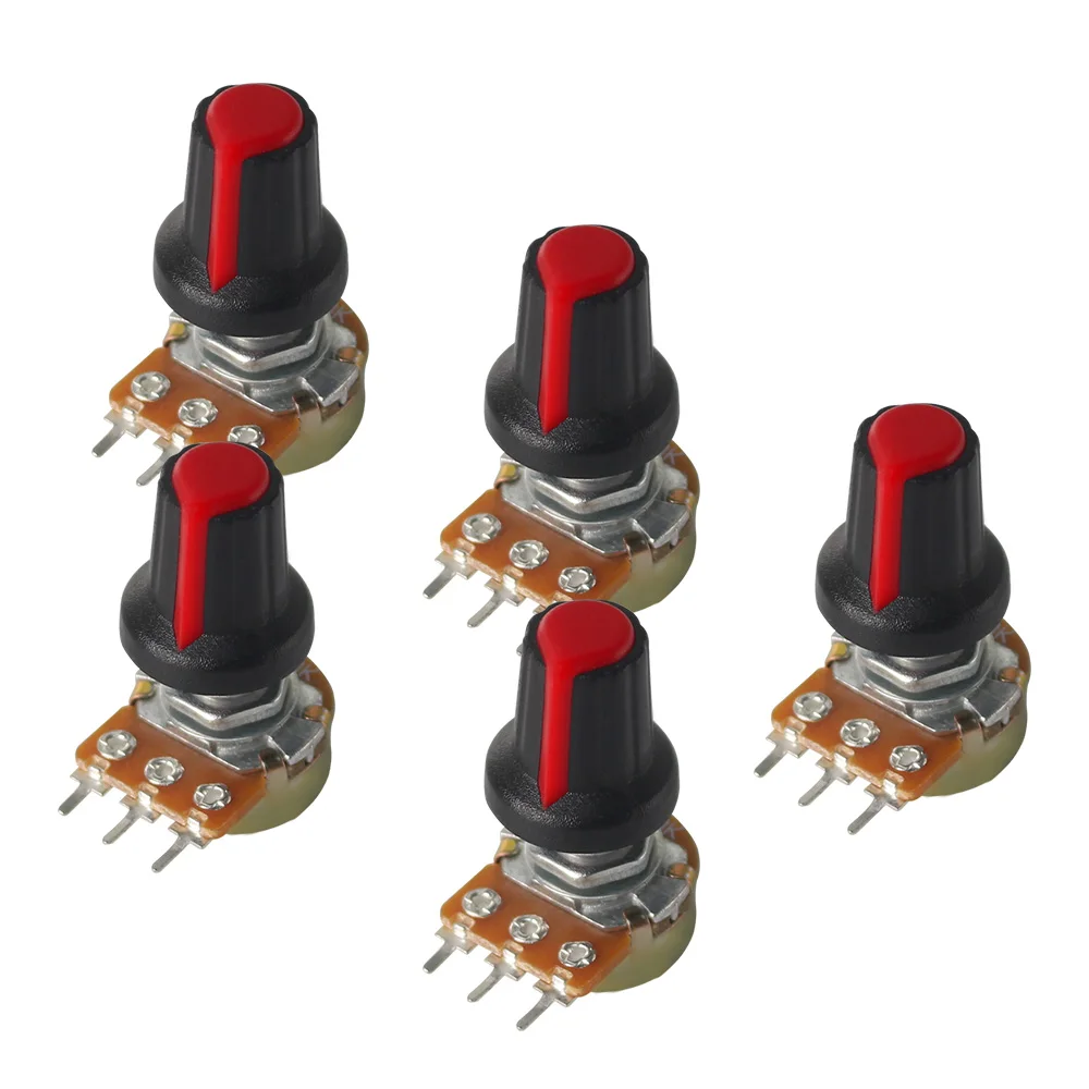 

5Set 15mm WH148 Linear Rotary Taper Potentiometer 3Pin 1K-1M Ohm Variable Resistors Shaft with Washers, Nuts and Red AG2 Knobs