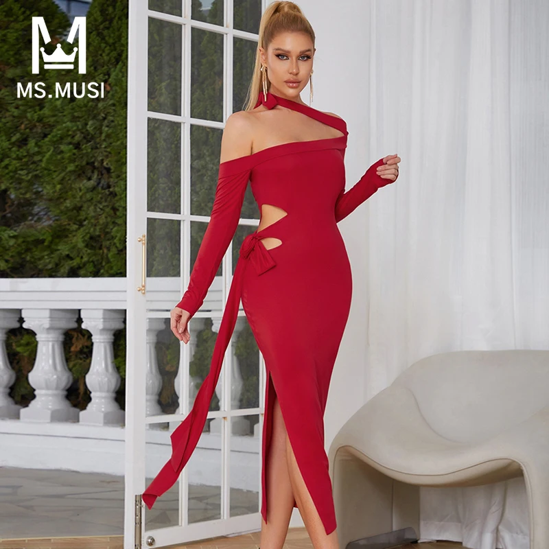 

MSMUSI 2022 New Fashion Women Sexy Halter Off The Shoulder Hollow Out Lace Up Long Sleeve Bodycon Party Club Event Midi Dress