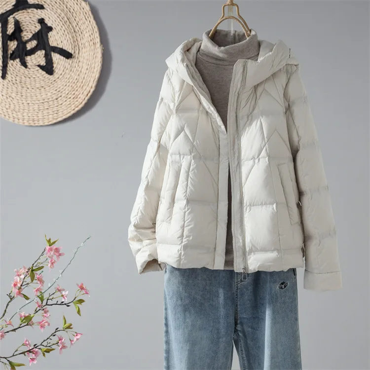 Women's Loose Hooded Down Jacket Ultra Light Portable White Duck Down Winter Coats Fashion Casual Warm Outerwear пуховик JK-249