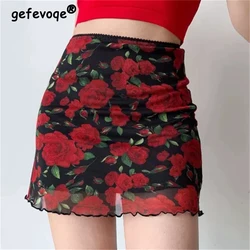Women Clothing 2024 Summer Vintage Fashion Floral Print Slim Skirts Sexy Sheer Mesh Harajuku Y2K Mini Skirt Faldas Para Mujeres