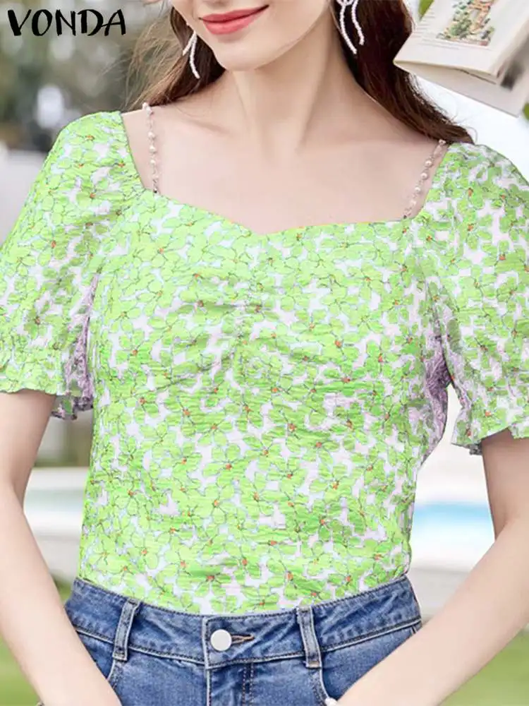 

VONDA Women Blouse Fashion Shirts 2024 Summer Floral Printed Sexy Square Neck Short Sleeve Elegant Ruffled Tops Casual Blusas