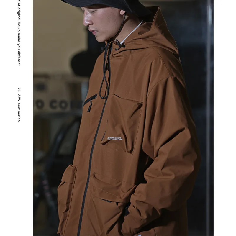 Winter Japanese workwear jacket, outdoor loose jacket, hooded waterproof and warm with fleece for men and womend