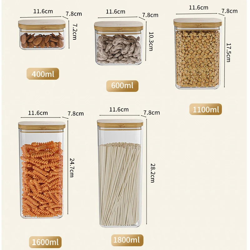 1100ML Square Sealed Plastic Food Jar Bamboo Cover Kitchen Cereal Jar Storage Box Transparent Tea Storage Jar Kitchen Supplies 6