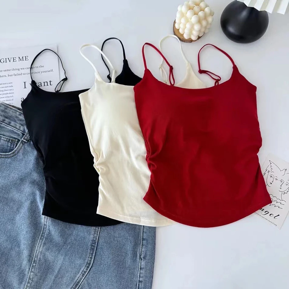 Fashionable and Versatile Solid Color Slim Shoulder Strap Camisole Vest Women Chest Cushion Summer Thin Base Underwears 2
