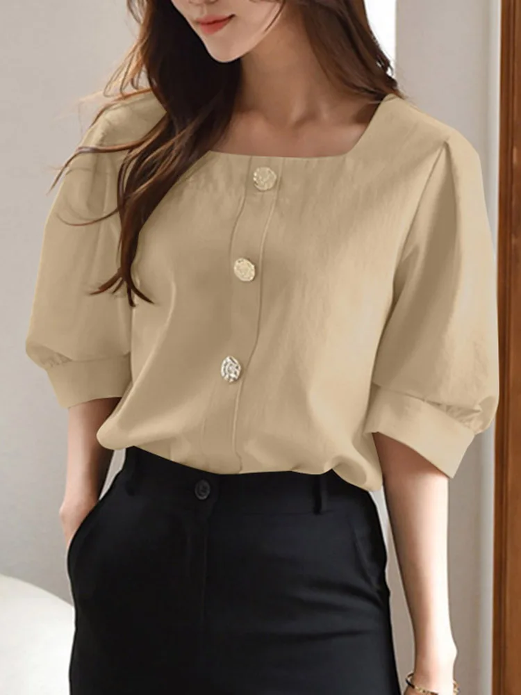

VONDA Women Shirts Fashion Elegant Blouse 2024 Summer Tops Casual Short Sleeve Loose Solid Square Collar Office Blusas Femininas