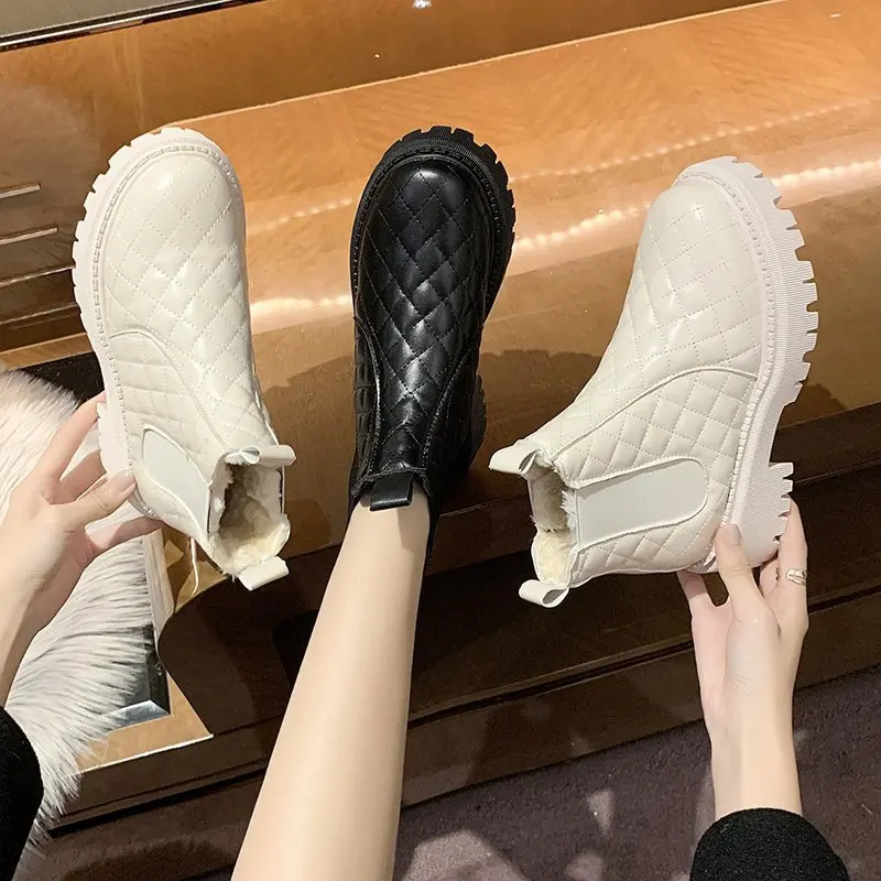 

Chelsea Boots Chunky Boots Women Winter Shoes PU Ankle Boots Diamond Lattice Female Autumn Fashion Platform Booties Black Beige