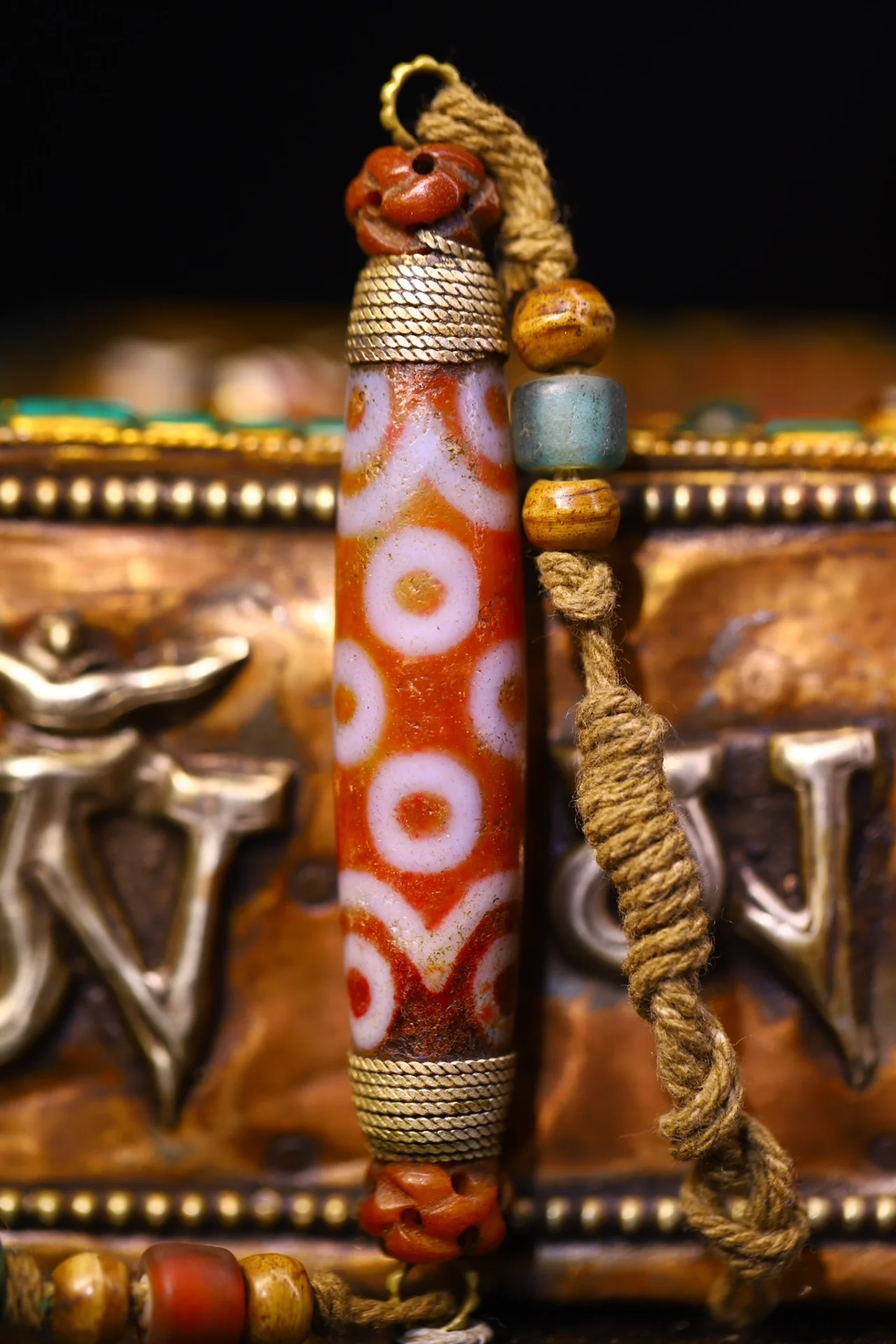 

4"Tibetan Temple Collection Old Natural Agate Mosaic Gem gZi Beads Buddha Bead Pendant Amulet Dharma Town house Exorcism