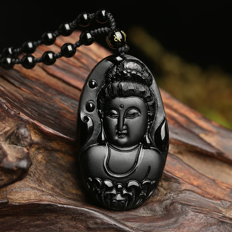 

Natural Black Obsidian Hand Carved Guanyin Jade Pendant Fashion Boutique Jewelry Men and Women Bodhisattva Necklace Gift