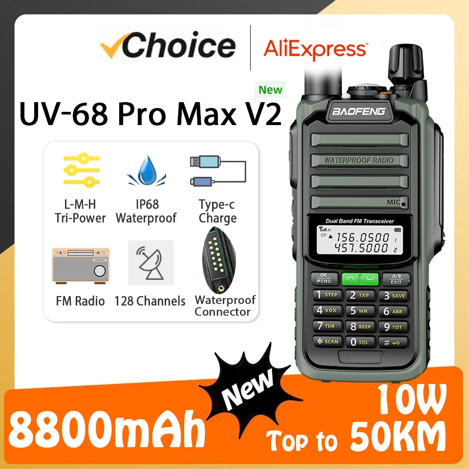 Baofeng UV-68 pro maxi V2 10 W walkie talkie IP68 vodotěsný vysoký energie CB šunka dlouhé rozsah UV-S22 pro V2 UV-98 pro přenosné transceivery