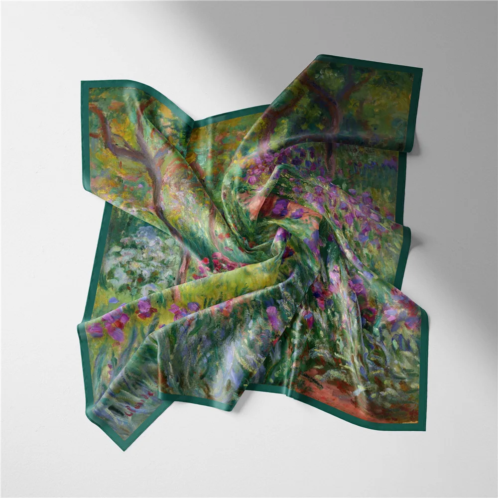 

53cm Luxury Woman Silk Square Scarf Bandana Headband Fashion For Bag Hijab Adult Muslim Neckerchief Monet Alice Gardens Painting