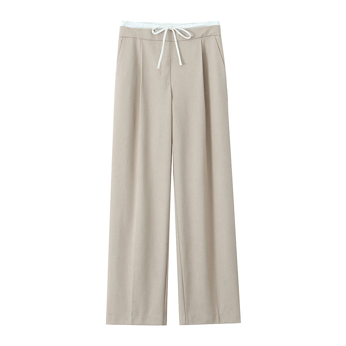 Splicing Design Solid Color Pants Women Fashion Simple Elastic Waist Lace Up Trousers Lady All-match Commuting Straight Pant New 1