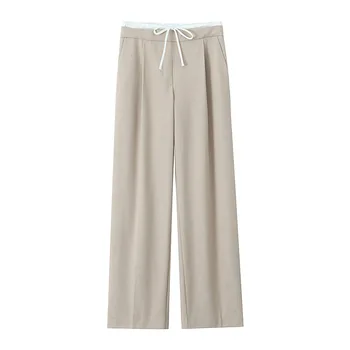 Splicing Design Solid Color Pants Women Fashion Simple Elastic Waist Lace Up Trousers Lady All-match Commuting Straight Pant New 1