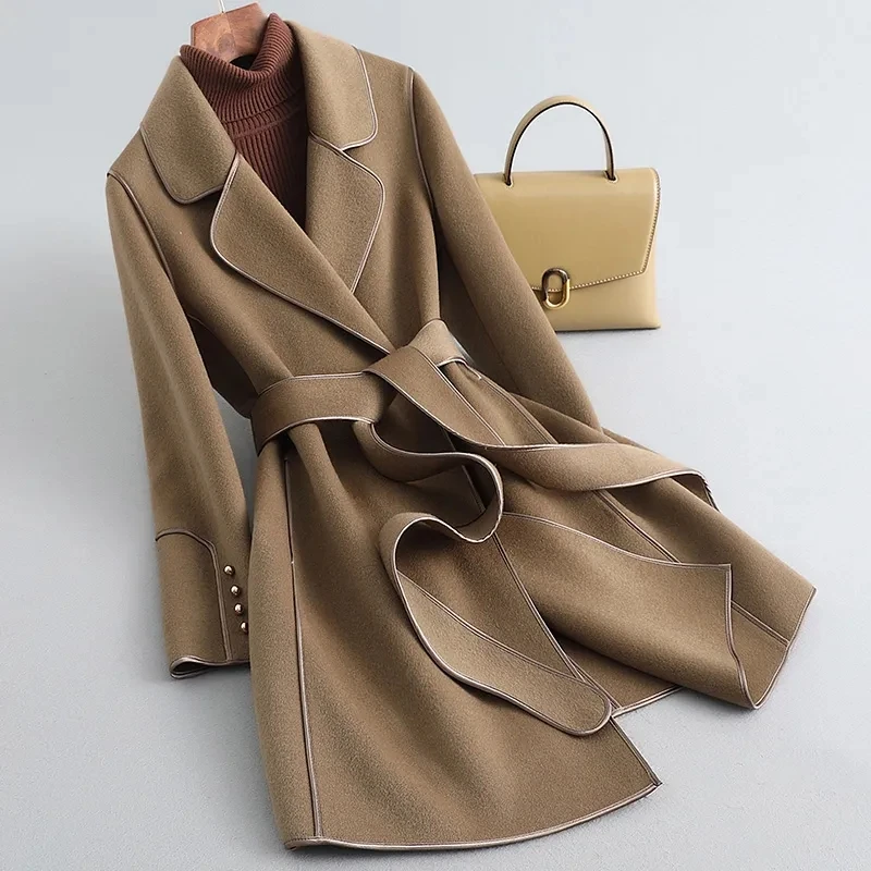 

2023 Autumn Winter New High-End Fashion Wool Coat Women's Medium Long Solid Color Belt Temperament Double-Sided Woolen Coats