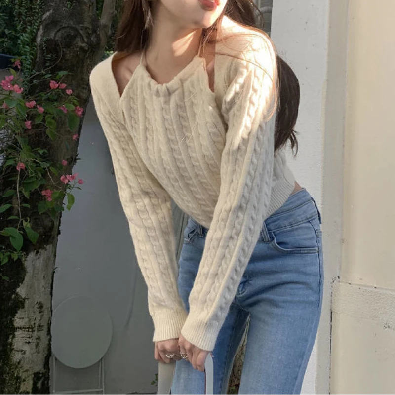 

Casual Knitted Sweater Women Korean Fashion Fake Two Pullover Office Lady 2023 Spring Elegant Long Sleeve Crop Tops Pure Color
