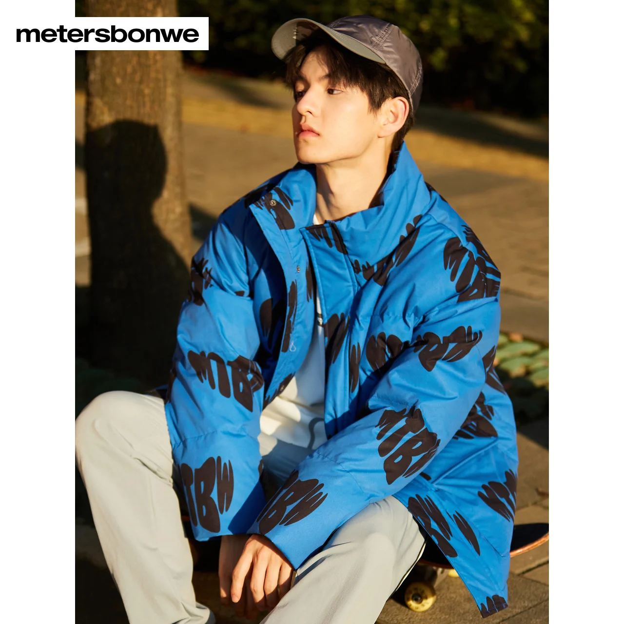 Metersbonwe Print Down Wear For Man Loose 80% Gray Duck Down Stand Collar Vibrant Color Warm Wear Couple  Winter Down Coat