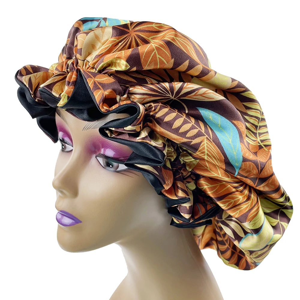 Large Women Satin Bonnet Hat Double Layer Reversible Sleep Cap Silky Soft Night Sleep Cover Cap Lady Hair Styling Accessories 2