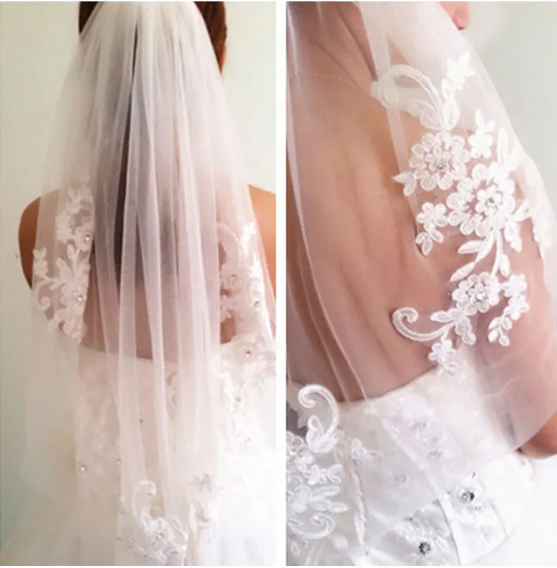 

Bridal Lace Embroidery Hollow Out Flower White And Ivory Veil Drop Wedding With Hair Comb Crystal Beads Wide Chapel Single Layer