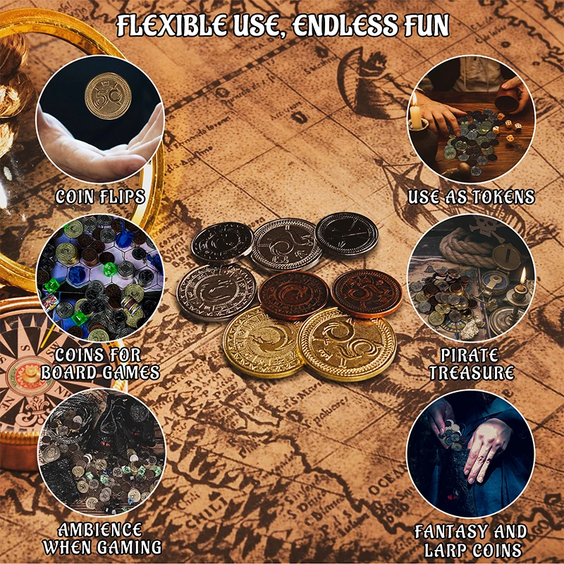Set di 60 monete in metallo DND con custodia in pelle - gettoni da gioco, tesoro dei pirati, accessori e oggetti di scena per giochi da tavolo  26