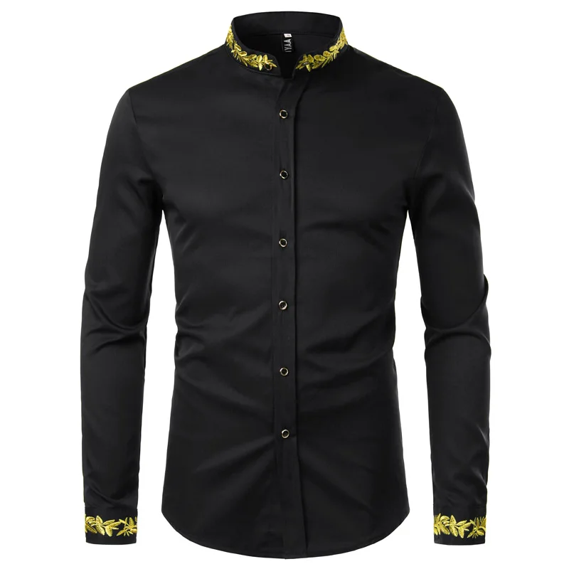Long Sleeve Shirt long sleeve shirt Gold Embroidery White Shirt Men Stand Collar Mens Dress Shirts Casual Slim Chemise Homme Camisa Masculina