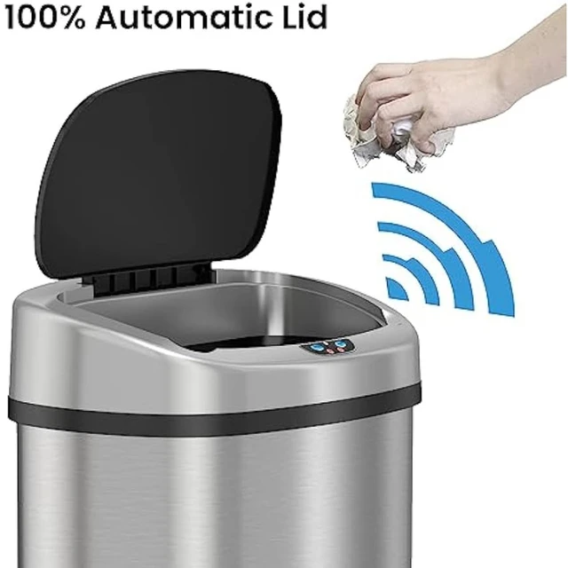 13 Gallon Automatic Trash Can for Kitchen Black Steel Touchless Motion Sensor Bin Soft Close Lid 50L LED Timer Slim Design