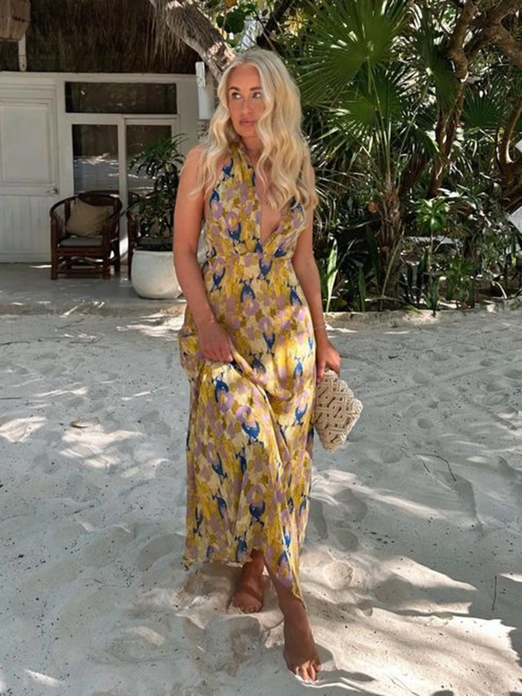 

Summer Women New Style Stone Inlaid Printed Dress Sexy V Neck Midi Dresses Elegant Halterneck Backless Waist Slim Dress Women