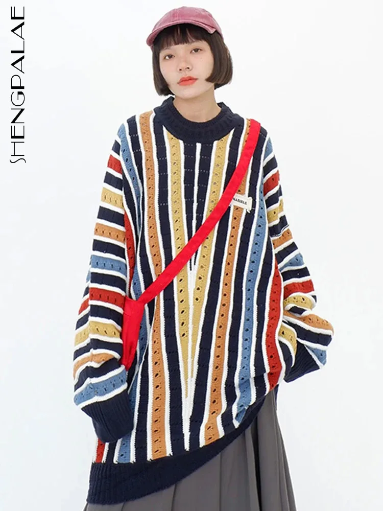 

SHENGPALAE Striped Contrast Color Sweater For Women Hollow Out Chic O-neck Loose Versatile Knit Pullover Winter 2023 New 5R8362