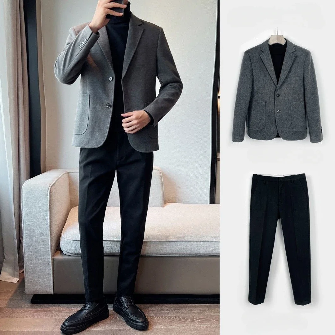 thumbnail image 1 of Conjunto de 2 piezas de doble botonadura para jóvenes, ropa coreana para hombres, pantalones de lujo para ceremonias de primavera y otoño, trajes y blazers completos para hombres, 1 of 5