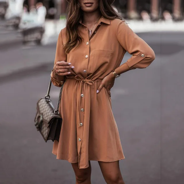 Autumn Dress Women Casual Long Sleeve Turn-down Collar Button Lace-up Shirt  Dress Brown Ladies Fashion Mini Party Dresses 2022 - Dresses - AliExpress