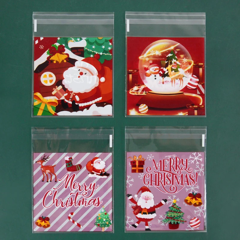 

100pcs Christmas Cookies Candy Bag Self Adhesive Plastic Bags Santa Claus New Year Party Gift Snack Baking Biscuit Packaging Bag