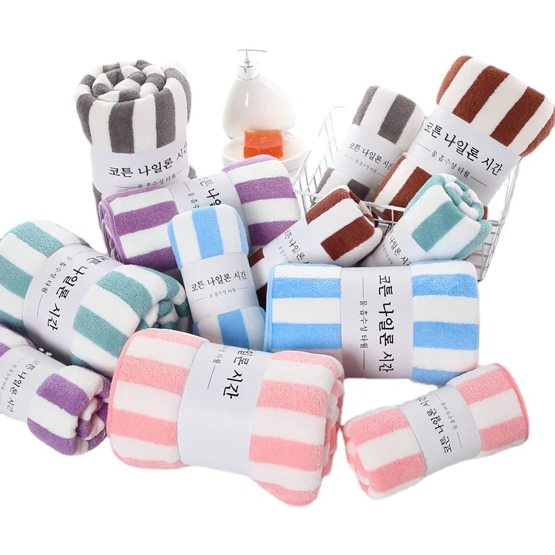 35x75cm Bath Towel Coral Fleece Microfiber Striped Absorbent Face Hand Bathroom Towel