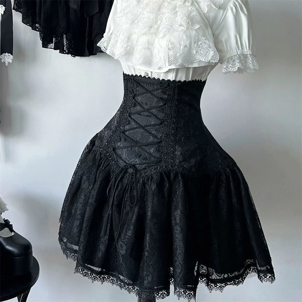2025 Lolita Subculture Black White Short SK Lace Skirt High Waist Lace Up Girls Birthday Gothic Victorian Cosplay Party Skirts 2