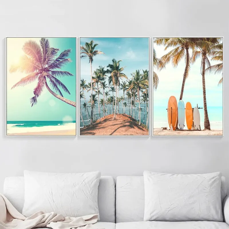 Sea Beach Coconut Tree Starfish Surfboard Wall Art Canvas Painting Nordic Posters and Prints for Living Room Decor Coastal Wall