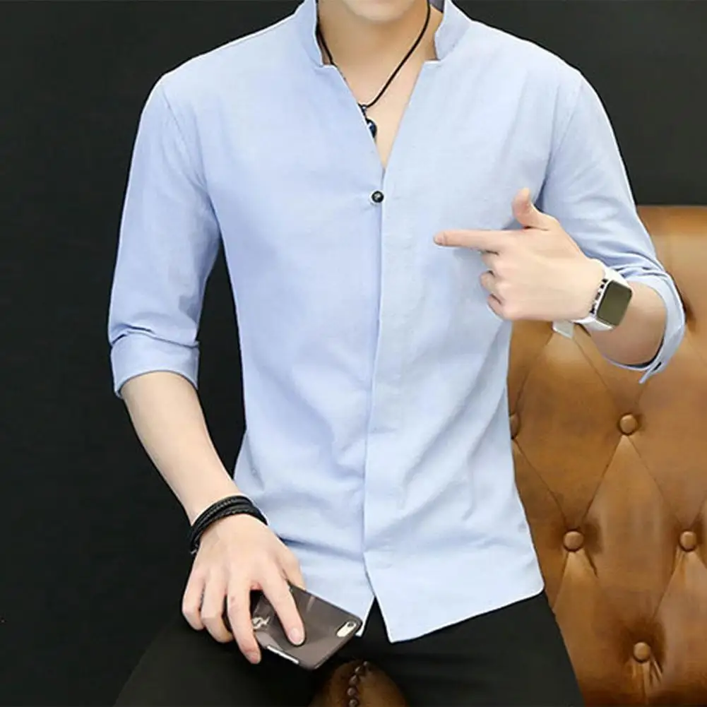 

Мужская рубашка с воротником-стойкой, приталенная формальная деловая рубашка с рукавом три четверти, для осени и лета