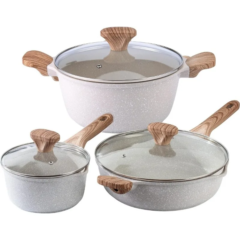 

6 Piece Cast Aluminum Cookware Set - Nonstick Pots and Pans with BAKELITE Handles and Glass Lids - Speckled Cream