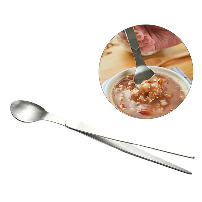 Sturdy 2 in 1 Stainless Steel Tasting Spoon Tweezers Dual Function Party Kitchen Accessories Chef Cooker Spoon Gadget cutlery set stainless steel cutlery set