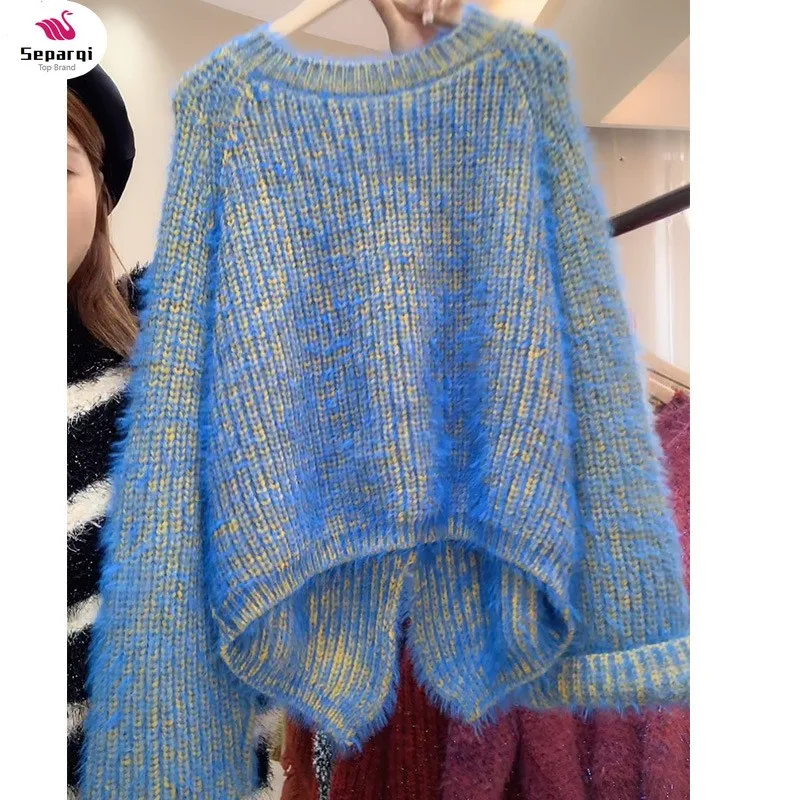 

SEPARQI Mohair Sweater Women Solid Blue O-neck Pullover 2024 New Kpop Jumper Knitted Top Harajuku Split Loose Chic Sweaters