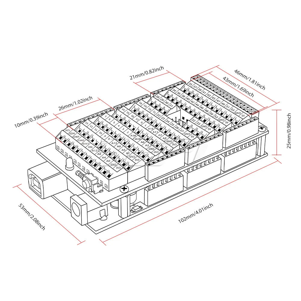 Chapéu Terminal para Arduino Mega 2560 r3 Arduino Chapéu Botão de Reconjunto e Indicador Led Novo 52pi - Imagem 3