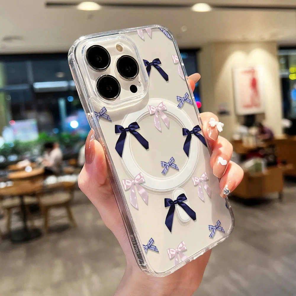 Elegant Pink Bow Transparent Phone Case - Shockproof & Protective Cover with Wireless Charging Compatibility