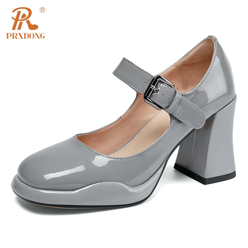 

Женские туфли из натуральной кожи PRXDONG, черные или серые классические туфли из натуральной кожи на массивном высоком каблуке, размер 34, лето 2024